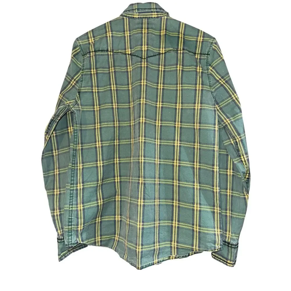 True Religion Plaid Green Button Up Shirt Medium Streetwear Distressed Western